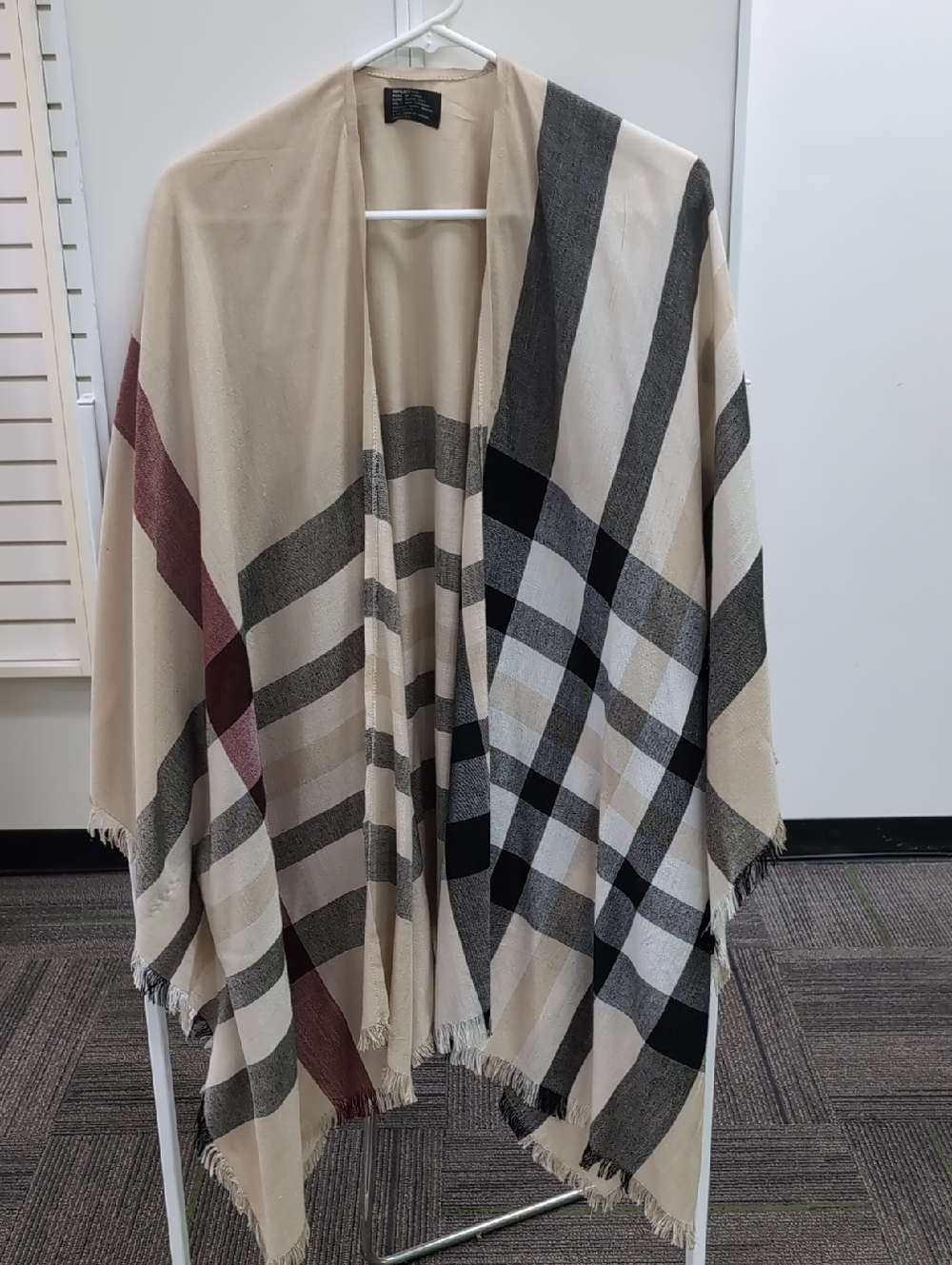 Plaid Fringe Wrap Poncho in Beige, Black & Burgundy